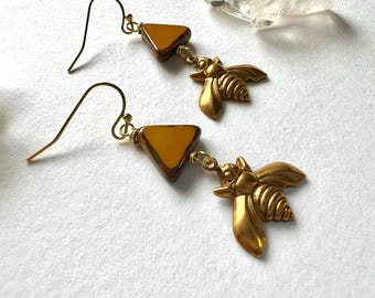 Bee Dangle Earrings, Yellow Triangle, Boho Garden Jewelry