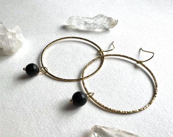 Handmade Black Onyx Brass Hoop Earrings, Geometric Modern Earrings