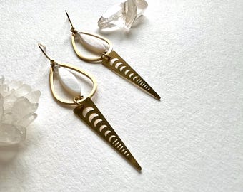 Brass Teardrop Earrings: Mother of Pearl Moon Phase Boho Earrings