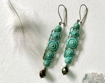 Inca  Green Patina Drop Earrings With Black  Bronze Crystals