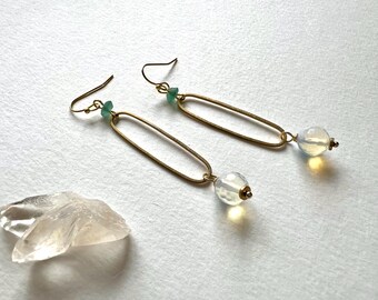 Opalite & Blue Roman Glass Dangle Earrings, Brass Paperclip Drops