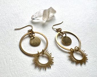 Brass Hoop Earrings, Sun Geometric Bohemian Style
