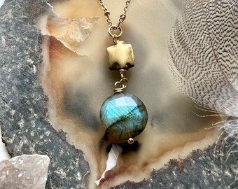 Handmade Labradorite and tribal brass necklace,  Blue flash pendant, 14k gold plated necklace for women, layering jewelry, gift for her