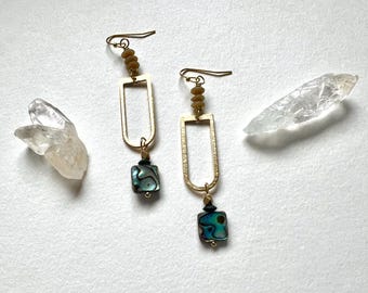 Abalone Shell Earrings, Brass Arch, Tribal Beads