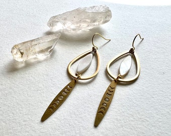 Brass teardrops and brass moon phase drops with mother of pearl drop earrings,  lightweight summer earrings,  boho modern earrings