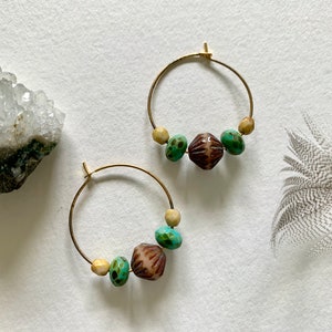 Gold Plated hoops, Green and Brown Czech Glass Earrings