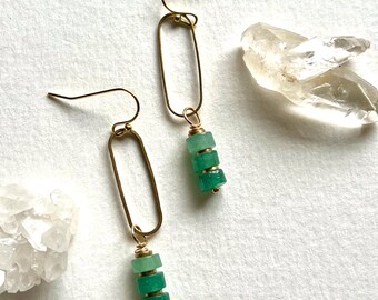 Handmade earrings, aventurine stone, modern oval earrings, geo earrings, stone earrings, brass earrings