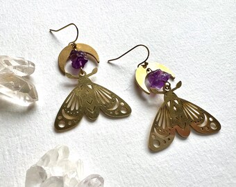 Moon Butterfly Brass Earrings, Raw Amethyst Stone, Boho Earrings
