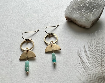 Brass arch and circle hoop earrings, bohemian earrings,  Amazonite stone earrings, boho earrings, brass modern earrings