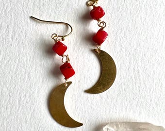 Red Coral Moon Earrings, Celestial Boho Style