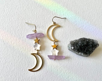 Crystal quartz star and moon earrings, moon earrings,  celestial earrings, boho earrings, bohemian earrings, brass and crystal