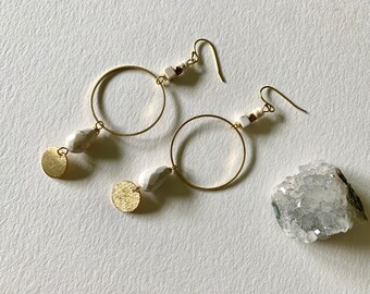 Geometric white earrings, geo earrings, hoop earrings, brass hoop earrings, stone earrings, boho modern earrings