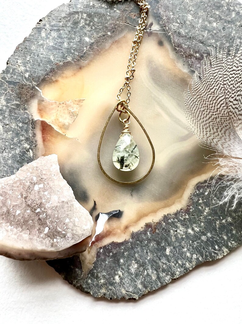 Handmade Prehnite green faceted stone drop necklace, pendant necklace, brass shaped drop and stone pendant necklace, gold necklace for her image 1