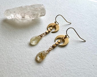 Moon and crystal earrings, rutilated quartz stone earrings, Boho geometric earrings, modern tribal earrings, bohemian earrings