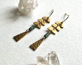Boho Brass Earrings, Geometric Turquoise Dangle Earrings