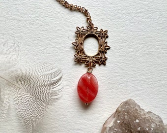 Handmade Strawberry quartz and filigree necklace, picture frame necklace, 14k gold plated necklace for women, jewelry, gift for her