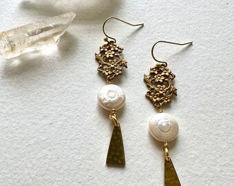 Floral and pearl earrings,  freshwater pearl earrings, brass earrings, coin pearl earrings, boho modern earrings