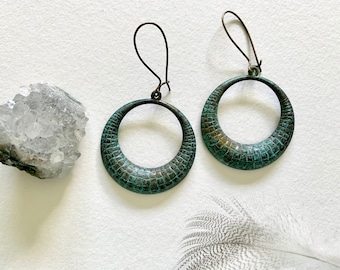 LIght Blue Green Patina Circle  Earrings, Horn Circles,