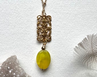 Handmade faceted Yellow Jade stone drop necklace, pendant necklace, brass filigree and stone pendant necklace, gold necklace for her