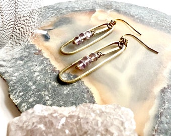 Paperclip brass and amethyst modern earrings, stone earrings, modern gemstone earrings, earrings for her,  brass and stone, stone jewelry