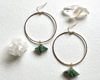 Turquoise diamond shape and brass hoop earrings, bohemian earrings, green stone hoop earrings, boho earrings, brass hoops,