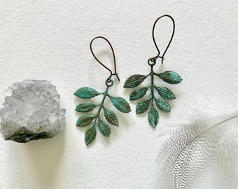 Turquoise Green  Patina Leaf Earrings