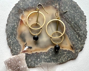 Black onyx stone and brass geometric earrings, repeating hoop earrings, statement earrings, handmade earrings