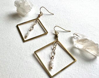 Brass Diamond hoop earrings, statement moonstoneearrings, handmade earrings