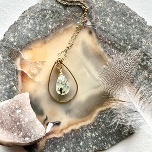 Handmade Prehnite green faceted stone drop necklace, pendant necklace, brass shaped drop and stone pendant necklace, gold necklace for her image 4