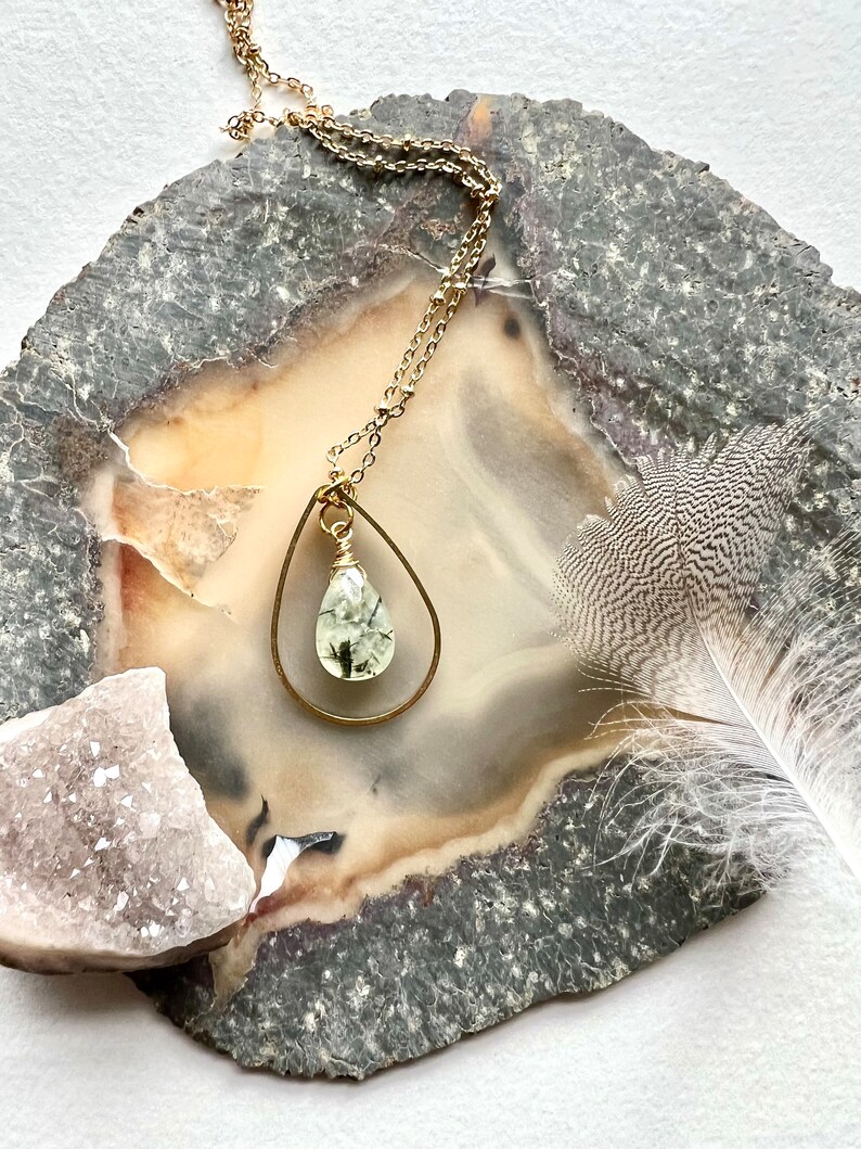 Handmade Prehnite green faceted stone drop necklace, pendant necklace, brass shaped drop and stone pendant necklace, gold necklace for her image 4