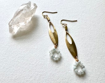 Art deco brass earrings, aquamarine stone earrings, Boho geometric earrings, modern brass earrings, classic stone earrings