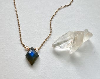 Labradorite faceted diamond pendant necklace, boho necklace, bohemian necklace,  stone necklace, real stone jewelry,  Dainty stone pendant.