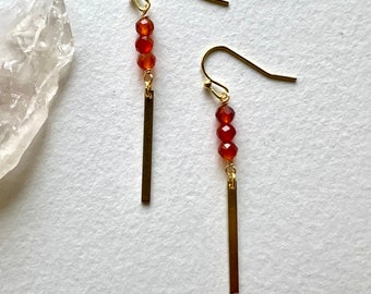 Orange carnelian stone and brass earrings, brass geometric earrings, modern earrings, handmade earrings