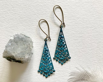 Blue Patina Kite Filigree  Earrings