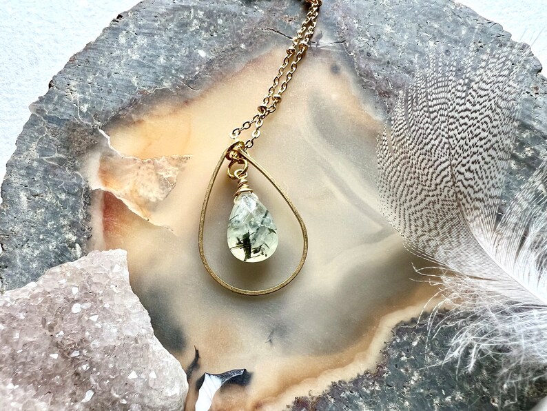 Handmade Prehnite green faceted stone drop necklace, pendant necklace, brass shaped drop and stone pendant necklace, gold necklace for her image 2