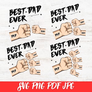 Pacote de 1 a 4 toques de punho para o Dia dos Pais (SVG), atividade para crianças pequenas, melhor pai de todos os tempos (SVG), png, nome personalizado para mãos, nomes para crianças, presente para pais