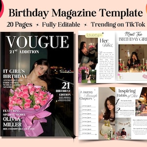 May include: A birthday magazine template with a pink and black design. The cover features a woman holding pink roses, with the text "Vogue" and "21st Edition." Inside pages include photos and text about the birthday girl. The template is fully editable and trending on TikTok.