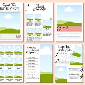 May include: A collection of digital scrapbook pages with a light pink background. The pages feature landscape illustrations with blue skies and green hills. Text includes "Meet The Birthday Girl", "The Bestie Journey", and "Our Lovely Girl".