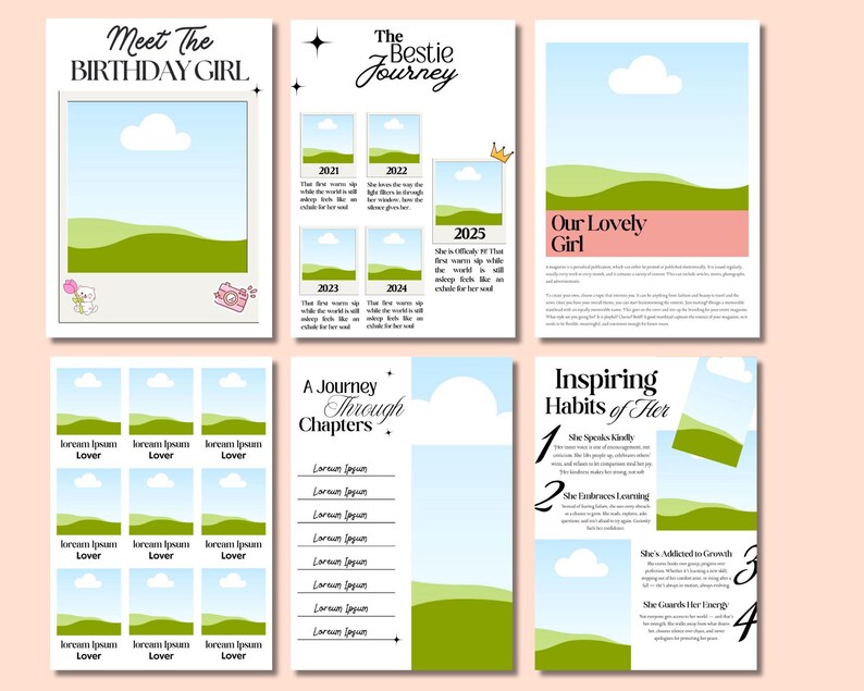 May include: A collection of digital scrapbook pages with a light pink background. The pages feature landscape illustrations with blue skies and green hills. Text includes "Meet The Birthday Girl", "The Bestie Journey", and "Our Lovely Girl".