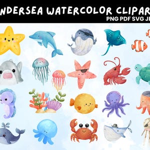 Unterwasser Aquarell Bundle SVG, Oktopus, Qualle, Wal, Kinderzimmer Dekor, Baby Wandkunst, niedliche Ozean Tiere Png, Unterwasser svg, ClipArt Wal