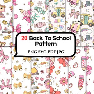 Puede incluir: Un conjunto de 20 patrones de "Vuelta al Cole" en formatos PNG, SVG, PDF y JPG. Los diseños presentan ilustraciones escolares como lápices, autobuses escolares, libros, lazos y corazones, en una paleta de colores pastel.
