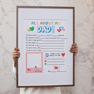 Tutto su mio padre stampabile, regalo per la festa del papà da parte dei bambini intervista, questionario per papà, compila il biglietto vuoto per la festa del papà, download immediato