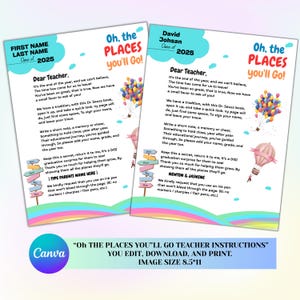 Solicitud de firma de libros para profesores "Oh the Places You'll Go", recuerdo de graduación para estudiantes, libro de firmas para profesores editable, carta para libro de graduación