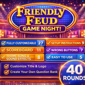 Op de afbeelding: Een digitale game night-afbeelding met de tekst "Friendly Feud" en "Game Night!" in goud en wit. Kenmerken zijn aanpasbare opties, scoreborden en 40 rondes. De achtergrond is een podium met lichten.