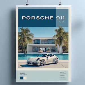 Vintage Porsche Car by the pool poster, Vintage Porsche Print, German Car Wall Art, Magazine Car Poster, car in front of penthouse  poster