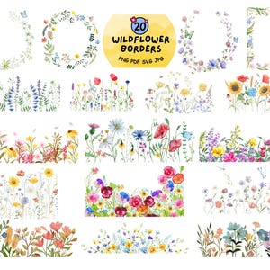 20 fleurs sauvages bordure Clipart SVG, bordures florales de fleurs sauvages, couronnes et arrangements floraux colorés, fleurs sauvages de printemps, fleurs sauvages pastel