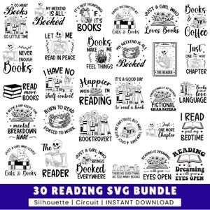 30 Reading Svg Bundle,  Book lover svg bundle,  Pile of books bundle svg, Floral books svg, Books bundle svg, Book dragon svg, Snarky Skull
