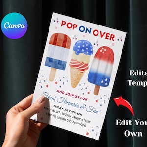 Plantilla de invitación para el 4 de julio, invitación para fiesta del Día de la Independencia, fiesta patriótica en rojo, blanco y azul, paletas de helado, editable en Canva