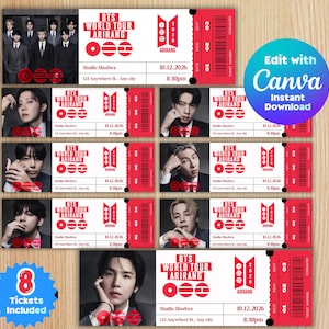 Op de afbeelding: Een verzameling van acht rode en witte BTS World Tour Arirang tickets. Elk ticket toont een foto van een bandlid, het tourlogo en evenementdetails. De tickets zijn voor het Studio Shodwe evenement.