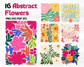 Paquete de flores abstractas PNG y SVG, flores retro SVG, flores bohemias SVG, flores PNG, flores elegantes SVG, camisas florales bohemias, flores danesas SVG